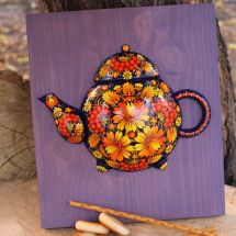 Wooden kitchen decoration 3D "Teapot" with floral motifs