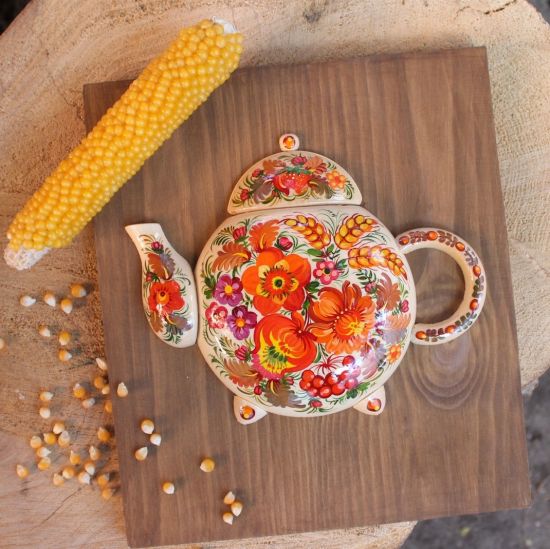 Wooden wall decorative teapot hand painted with floral motives