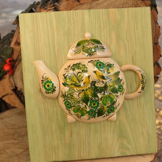 Rustic wooden wall decor, teapot hand painted with floral motives