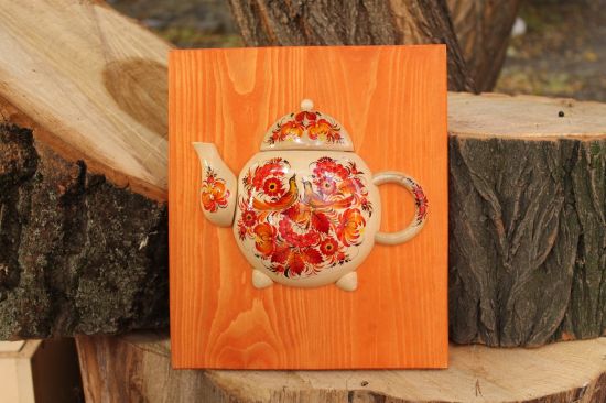 Küchendekoration aus Holz "Teekanne" mit Blumenmotive
