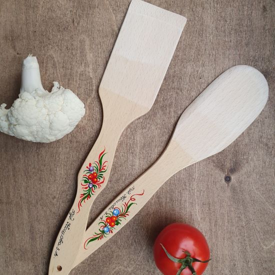 Kitchen accessories of wood - spatula and wooden spoon - artistically hand painted