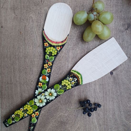 Traditional painted kitchen wooden accessories - spatula and wooden spoon