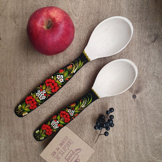 Hand painted wooden kitchen spoons - 2 pcs - with berries pattern