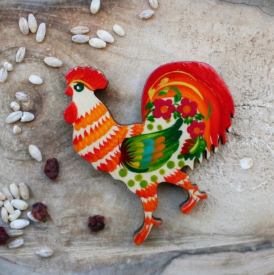 Rooster lovers magnet and souvenir, handmade, Petrykivka painting