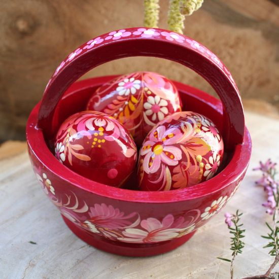 Easter basket with three eggs - easter deco - for the easter table - handpainted - ukrainian Petrykivka painting
