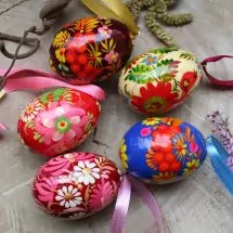 Mini Easter eggs to hang, set 5 pcs - small hand painted wooden eggs