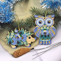 Christmas ornaments Owl and hedgehog hand painted wooden decorations