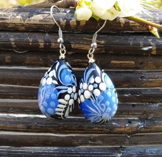 Folk style earrings drops in blue, handmade from wood and hand painted