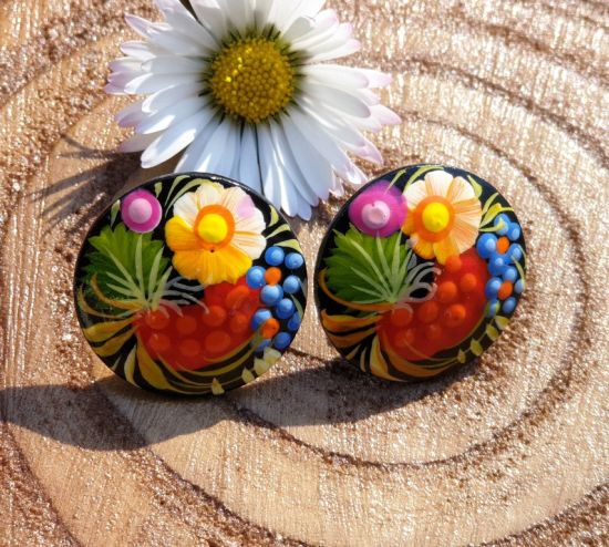 Folk style wooden carnation earrings, hand painted