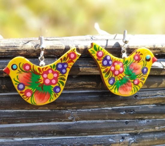 Wooden Bird earrings, hand painted in Ukrainian style