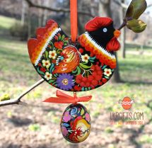 Easter ornament, black chicken with easter egg, ukrainian Petrykiwka painting