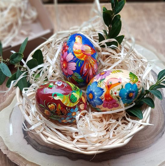 Hand painted Easter eggs with fantasy birds - 3 pieces in a basket