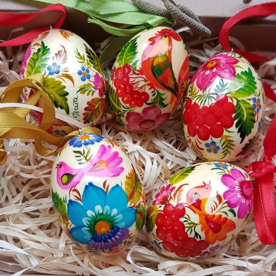 Ukrainian traditional Easter wooden eggs to hang, set, painted with bird motive