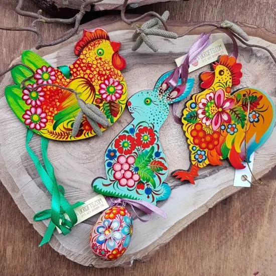 Hand painted Easter ornaments set - Easter rabbit with egg, chicken and rooster decoration