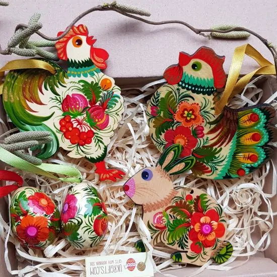 Creative Easter ornaments set made of wood  - Easter rabbit, Chicken, Rooster small Easter eggs, hand painted