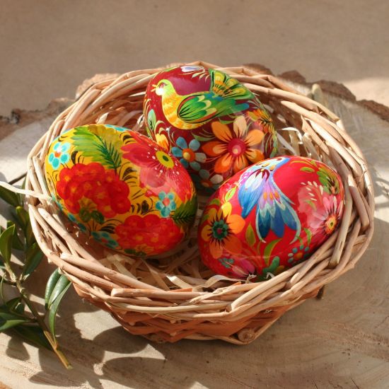 Ukrainian Easter eggs in basket - hand painted on wood