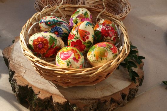 Hand painted ukrainian Easter eggs in basket