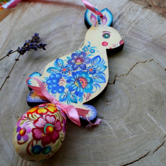 Pretty Easter bunny with egg -  wooden Easter tree  decoration- with Ukrainian painting