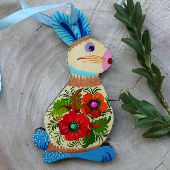 Beautiful Easter ornamnets made of wood - Easter bunny with flower pattern