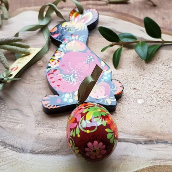 Funny Easter bunny with an egg - hand painted wooden Easter ornaments, black