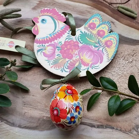 Pretty hand painted Easter chicken with an egg -  wooden folk Easter ornaments