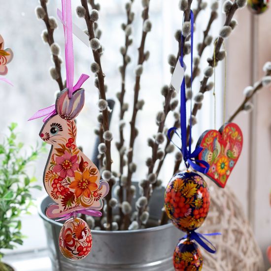 Pretty Easter bunny with egg -  wooden Easter tree  decoration- with Ukrainian painting