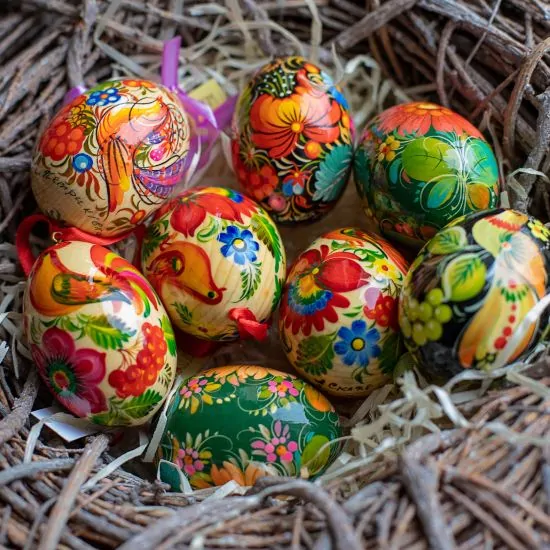 Ukrainian wooden Easter egg pysanka, gold
