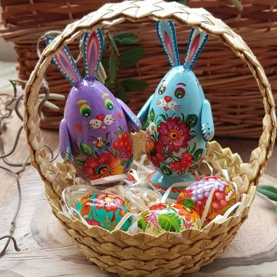 Pretty Easter basket - 2 funny Easter rabbits, 3 small Easter eggs made of wood - handicrafts