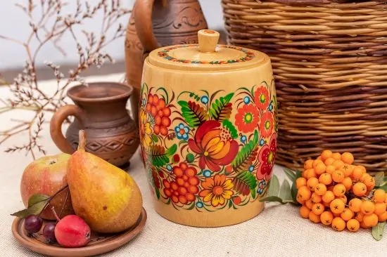 Dekorativer Dose aus Holz für Bulk-Produkte, ukrainische Bauernmalerei