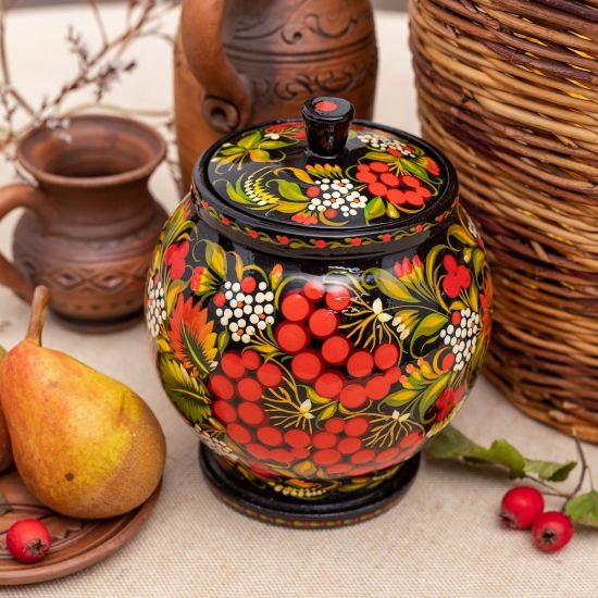 Wooden jar for bulk products with Petrykivka-painting