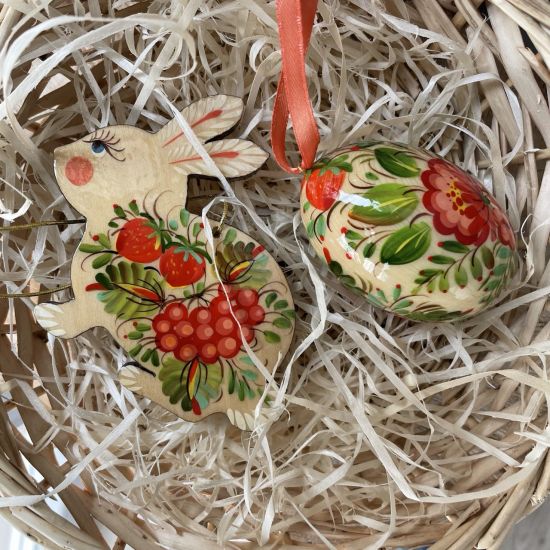 Hand painted Easter ornaments set - Easter rabbit, bell, three Easter eggs