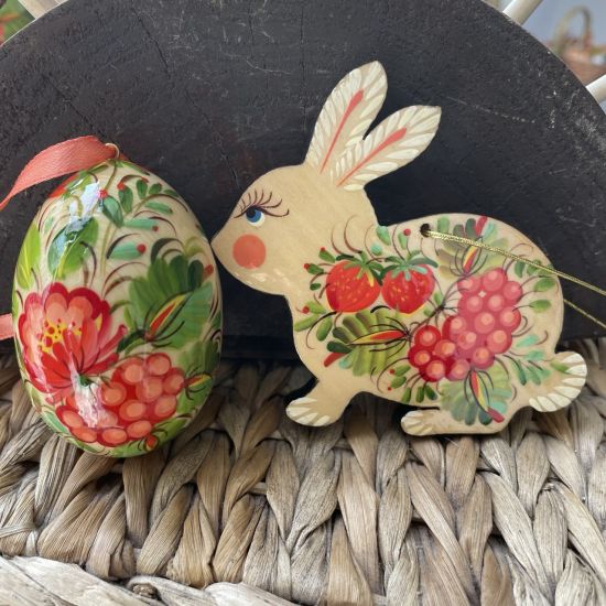 Hand painted Easter ornaments set - Easter rabbit, bell, three Easter eggs