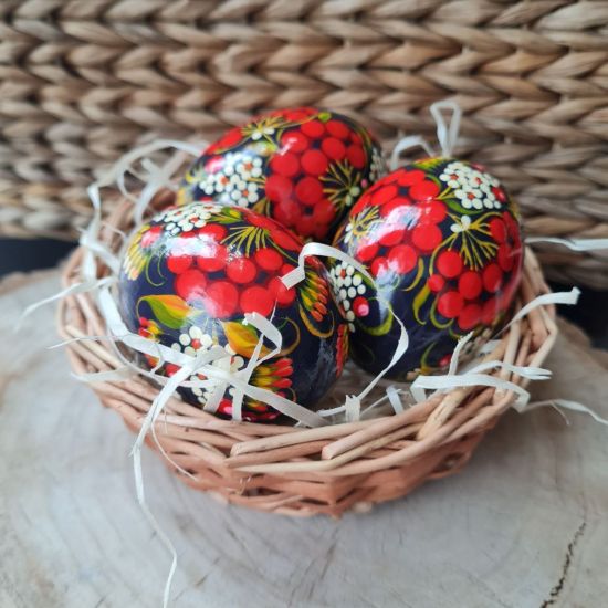 Ukrainian  Easter eggs in basket - traditional black painted eggs Pysanky