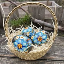 Handbemalte Ukrainische Ostereier mit Blumenmuster, Holz - 3 St im Körbchen