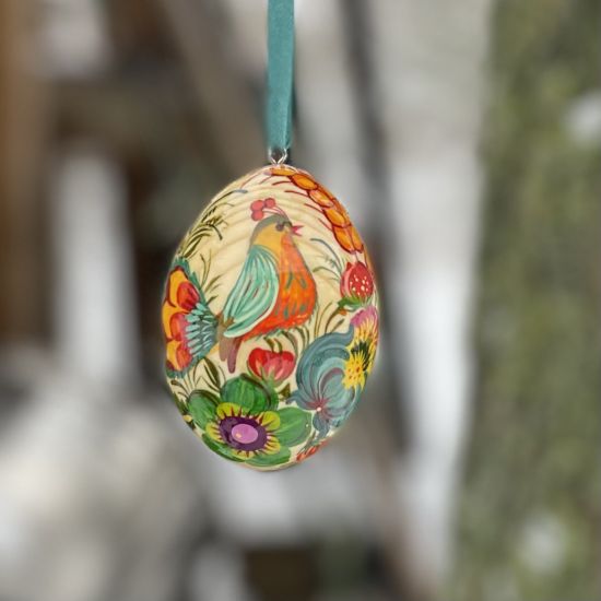 Painted with bird wooden ukrainian egg - Easter tree decoraion