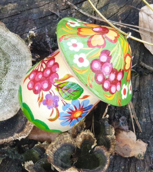 Mushroom wooden Christmas ornament and small present box, hand painted in Ukraine