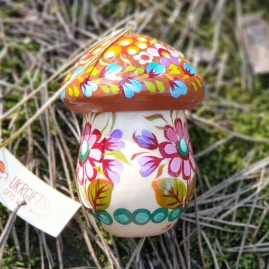 Wooden mushrooms Christmas ornament and small present box, hand painted