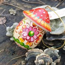 Mushroom Christmas wooden ornament and small present box, hand painted