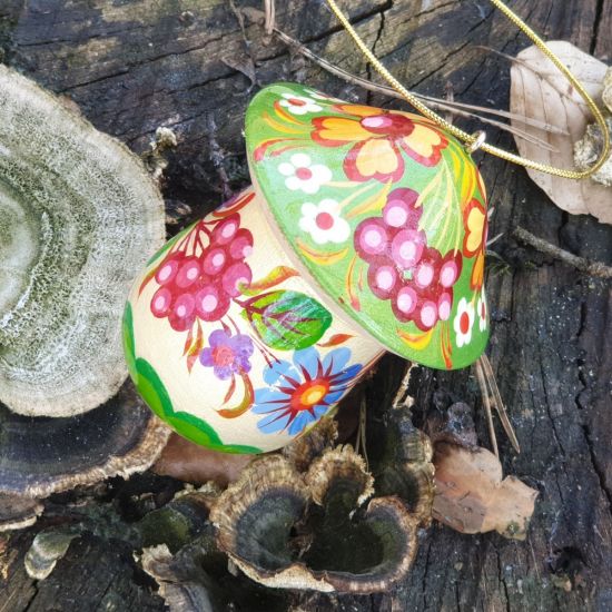 Mushroom wooden Christmas ornament and small present box, hand painted in Ukraine