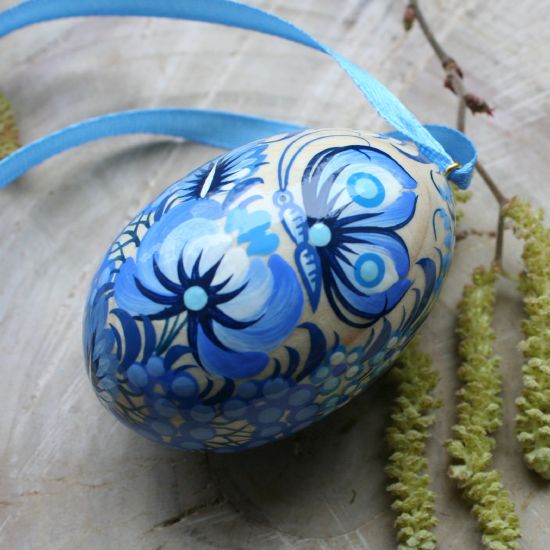 Hand painted wooden Easter egg with butterfly, blue