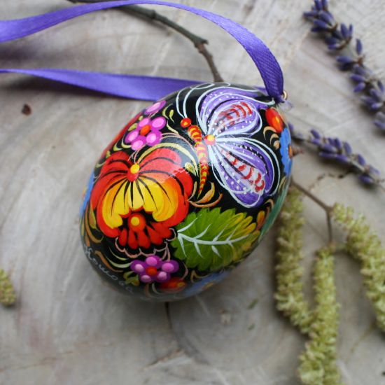 Hand painted wooden Easter egg with butterfly, black