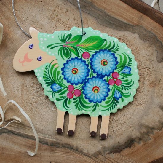 Sheep wooden ornament, hand painted - Ukrainian painting