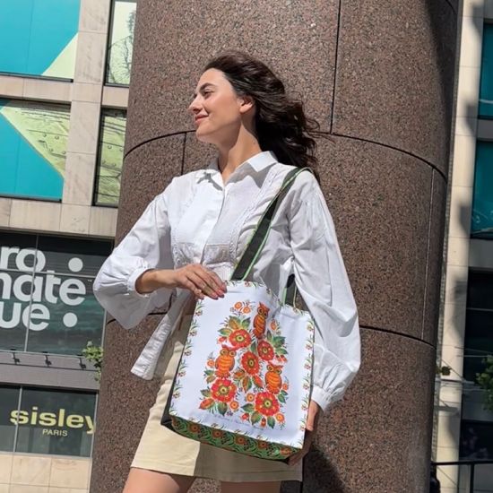 Ukrainian Folk Art Tote Bag - Shopper with Owls