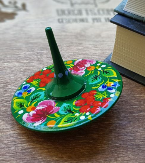 Spinning top, traditional wooden toy with flowers patterns, hand painted in Ukraine