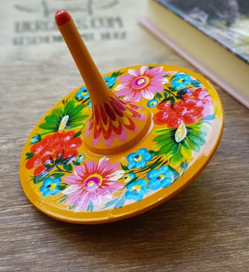 Handmade spinning top, traditional wooden toy with flowers patterns, hand painted