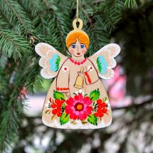 Rustic angel ornament, wooden hand painted Christmas tree decoration