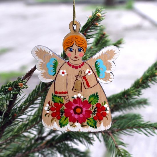 Rustic angel ornament, wooden hand painted Christmas tree decoration