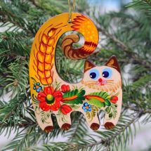 Nostalgischer Weihnachtsbaumschmuck - Katze, ukrainische Bauernmalerei