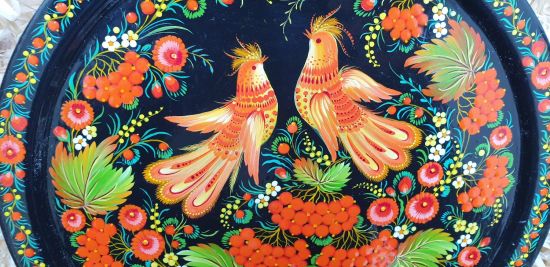 Wall plate to hang, deco "Birds in love", traditional ukrainian Petykivka painting