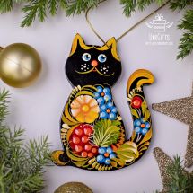 Black cat - Christmas tree decorations, ukrainian painting